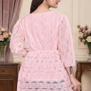 zelzis women pink lace net top with inner | v neck puff sleeve hip length casual wear