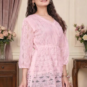 zelzis women pink lace net top with inner | v neck puff sleeve hip length casual wear