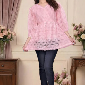 zelzis women pink lace net top with inner | v neck puff sleeve hip length casual wear