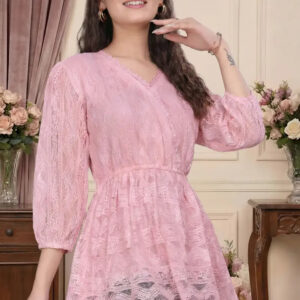 zelzis women pink lace net top with inner | v neck puff sleeve hip length casual wear