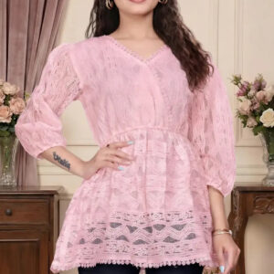 zelzis women pink lace net top with inner | v neck puff sleeve hip length casual wear