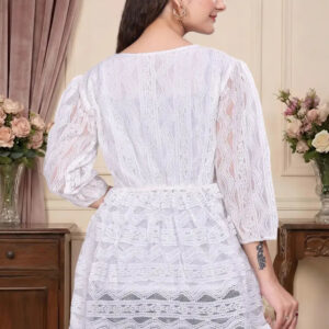 zelzis women white lace net top with inner | v neck puff sleeve hip length casual wear
