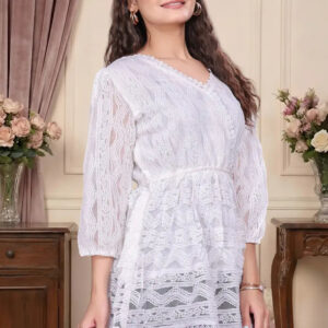 zelzis women white lace net top with inner | v neck puff sleeve hip length casual wear
