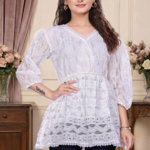 zelzis women white lace net top with inner | v neck puff sleeve hip length casual wear