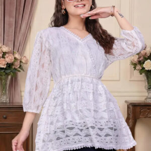 zelzis women white lace net top with inner | v neck puff sleeve hip length casual wear