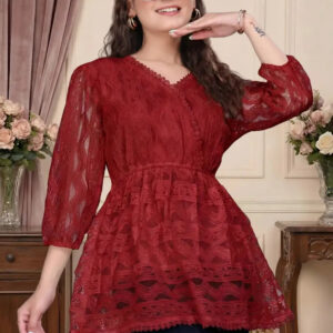 zelzis women wine maroon lace net top with inner | v neck puff sleeve self textured hip length top for casual & daily wear