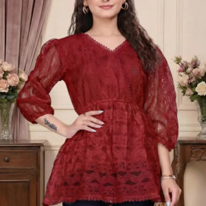zelzis women wine maroon lace net top with inner | v neck puff sleeve self textured hip length top for casual & daily wear