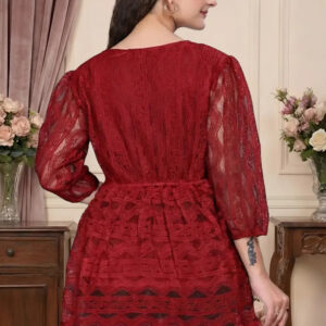 zelzis women wine maroon lace net top with inner | v neck puff sleeve self textured hip length top for casual & daily wear