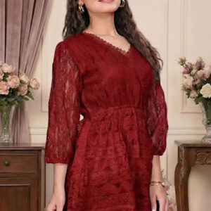 zelzis women wine maroon lace net top with inner | v neck puff sleeve self textured hip length top for casual & daily wear