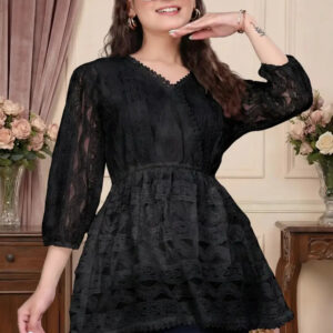 zelzis women black lace net top with inner | v neck puff sleeve self textured hip length top for casual & daily wear