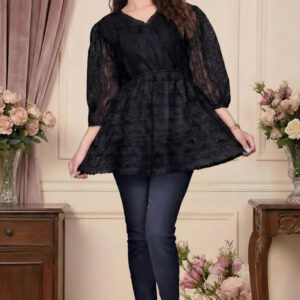 zelzis women black lace net top with inner | v neck puff sleeve self textured hip length top for casual & daily wear