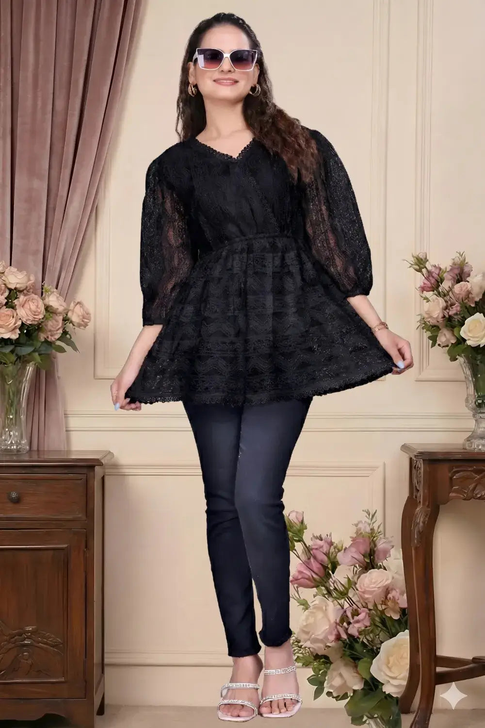 zelzis women black lace net top with inner | v neck puff sleeve self textured hip length top for casual & daily wear