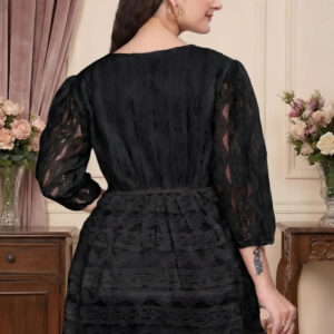 zelzis women black lace net top with inner | v neck puff sleeve self textured hip length top for casual & daily wear