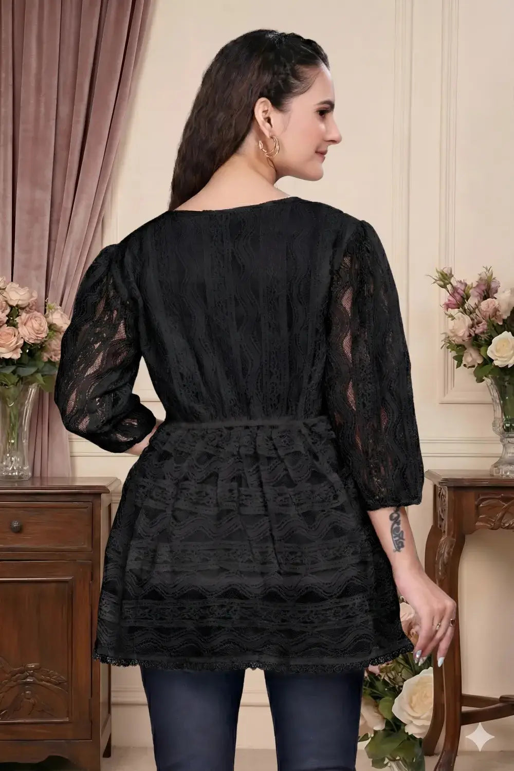 zelzis women black lace net top with inner | v neck puff sleeve self textured hip length top for casual & daily wear