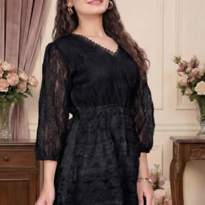 zelzis women black lace net top with inner | v neck puff sleeve self textured hip length top for casual & daily wear