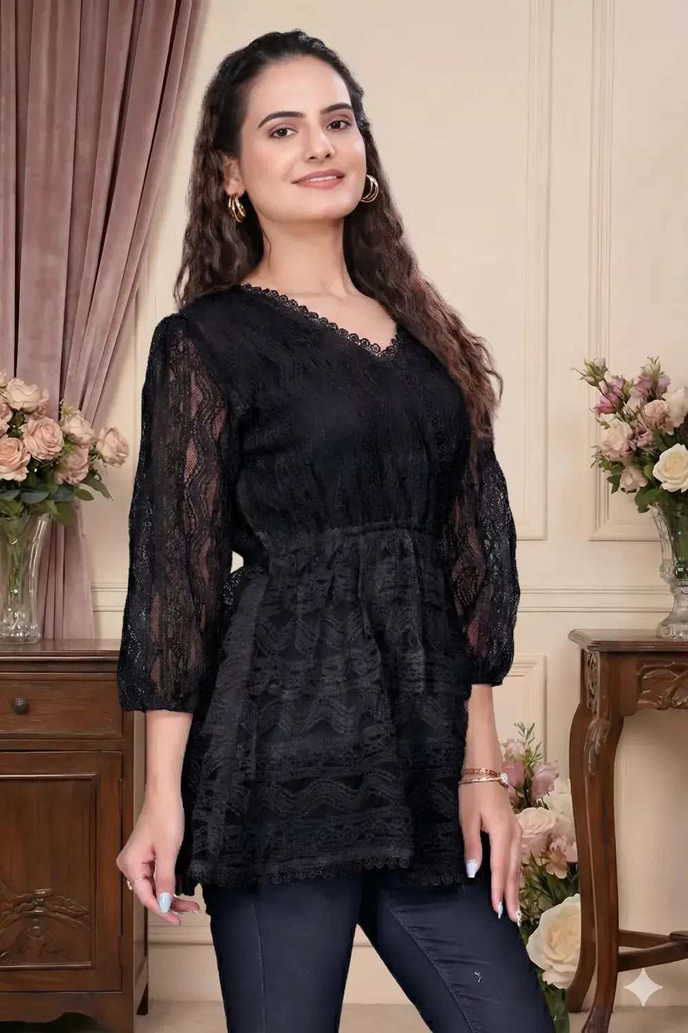 zelzis women black lace net top with inner | v neck puff sleeve self textured hip length top for casual & daily wear