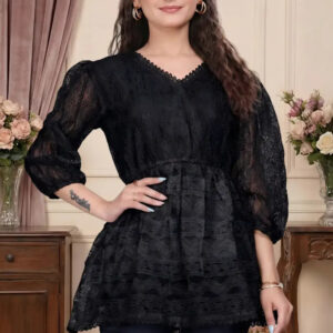 zelzis women black lace net top with inner | v neck puff sleeve self textured hip length top for casual & daily wear