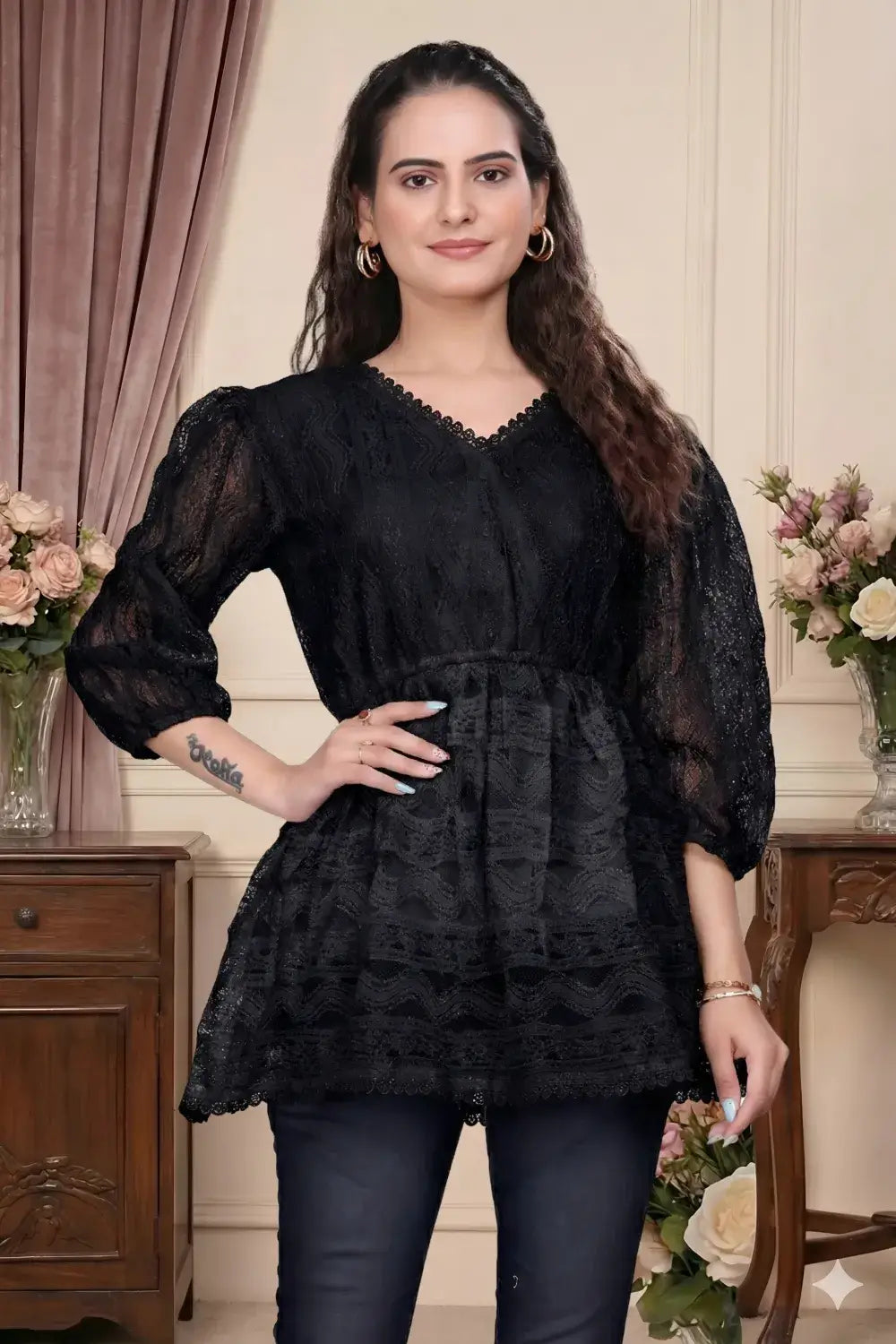 zelzis women black lace net top with inner | v neck puff sleeve self textured hip length top for casual & daily wear
