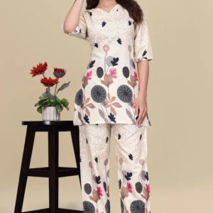 women’s cream floral printed ethnic co ord set | top and pant two piece co ord set for casual and festive wear
