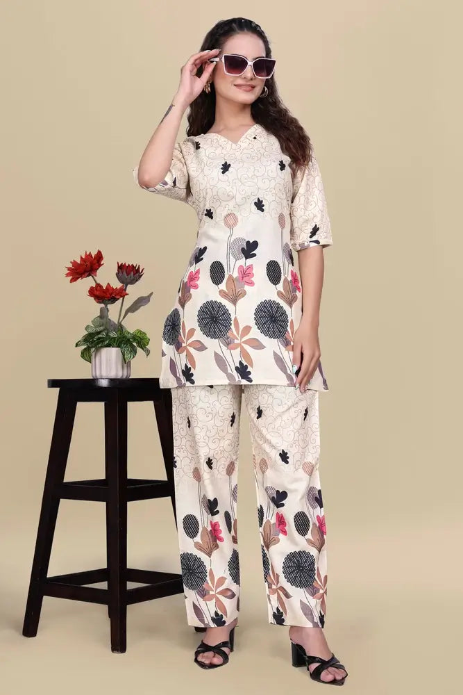 women’s cream floral printed ethnic co ord set | top and pant two piece co ord set for casual and festive wear