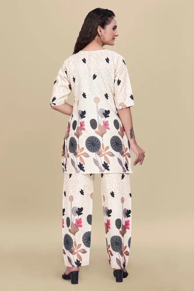 women’s cream floral printed ethnic co ord set | top and pant two piece co ord set for casual and festive wear