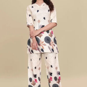 women’s cream floral printed ethnic co ord set | top and pant two piece co ord set for casual and festive wear