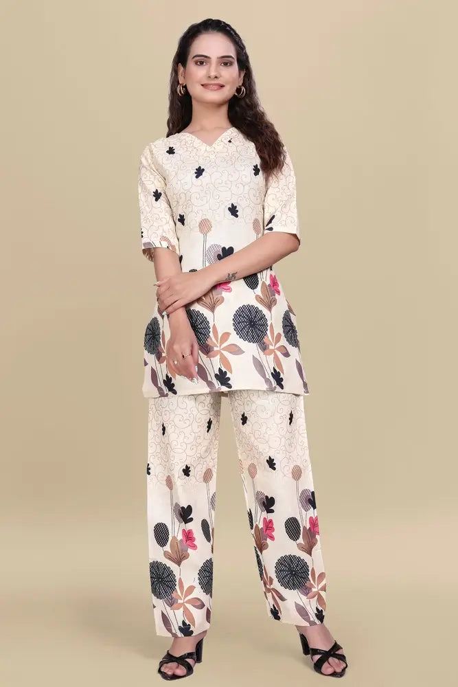 women’s cream floral printed ethnic co ord set | top and pant two piece co ord set for casual and festive wear