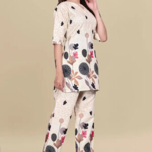 women’s cream floral printed ethnic co ord set | top and pant two piece co ord set for casual and festive wear
