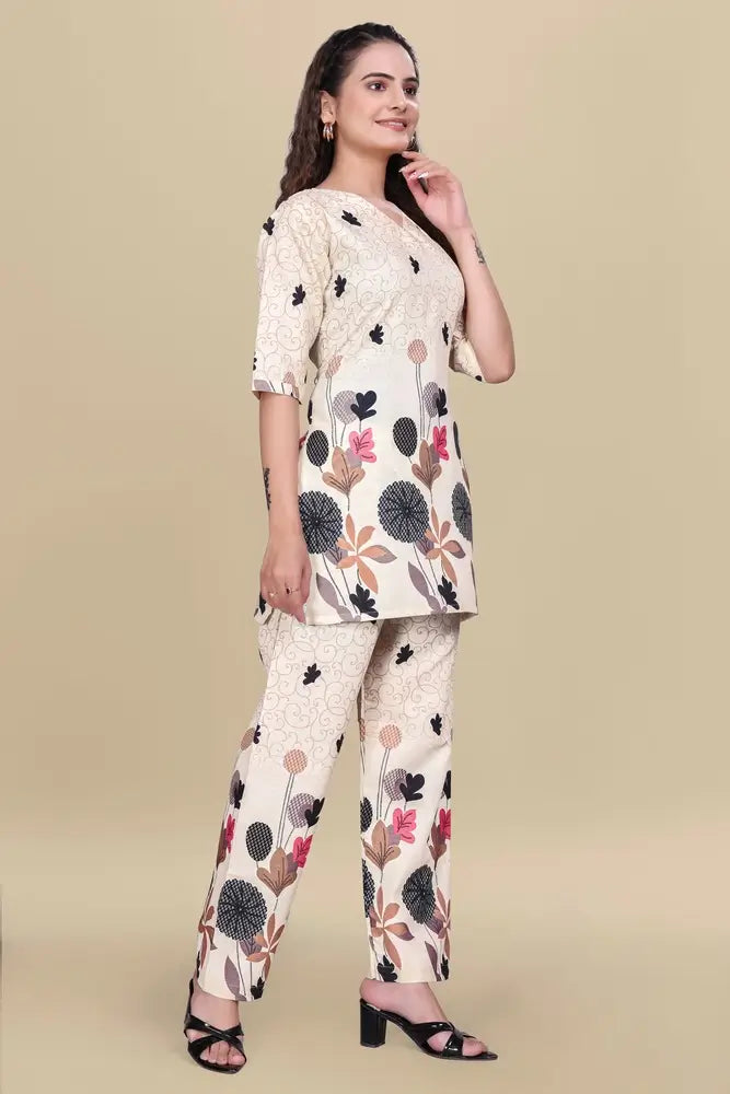 women’s cream floral printed ethnic co ord set | top and pant two piece co ord set for casual and festive wear
