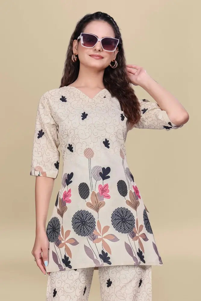 women’s cream floral printed ethnic co ord set | top and pant two piece co ord set for casual and festive wear