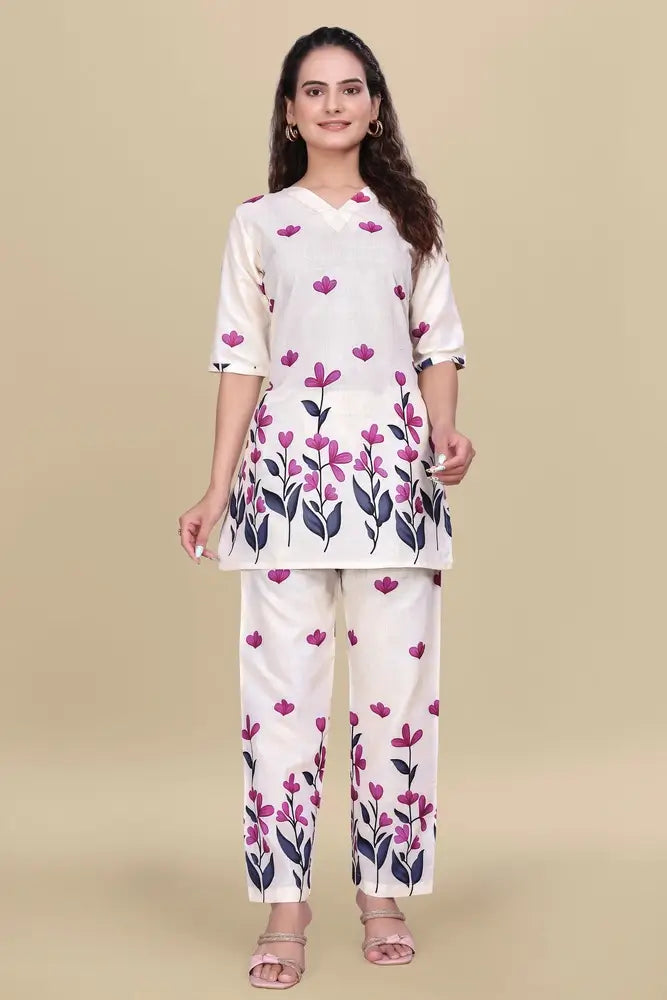 women’s cream floral printed ethnic co ord set | top and pant two piece co ord set for casual and festive wear