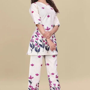 women’s cream floral printed ethnic co ord set | top and pant two piece co ord set for casual and festive wear