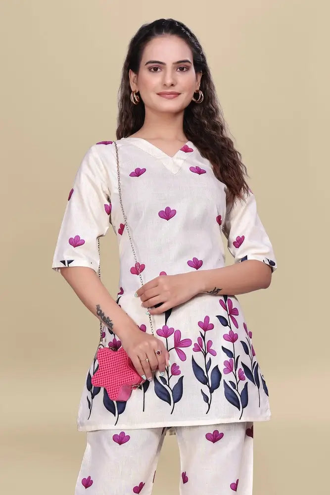 women’s cream floral printed ethnic co ord set | top and pant two piece co ord set for casual and festive wear