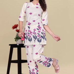 women’s cream floral printed ethnic co ord set | top and pant two piece co ord set for casual and festive wear