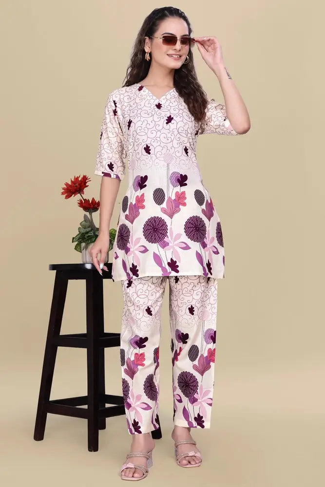 women’s cream floral printed ethnic co ord set | top and pant two piece co ord set for casual and festive wear