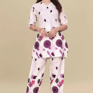 women’s cream floral printed ethnic co ord set | top and pant two piece co ord set for casual and festive wear