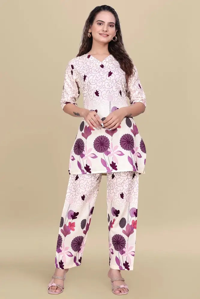 women’s cream floral printed ethnic co ord set | top and pant two piece co ord set for casual and festive wear