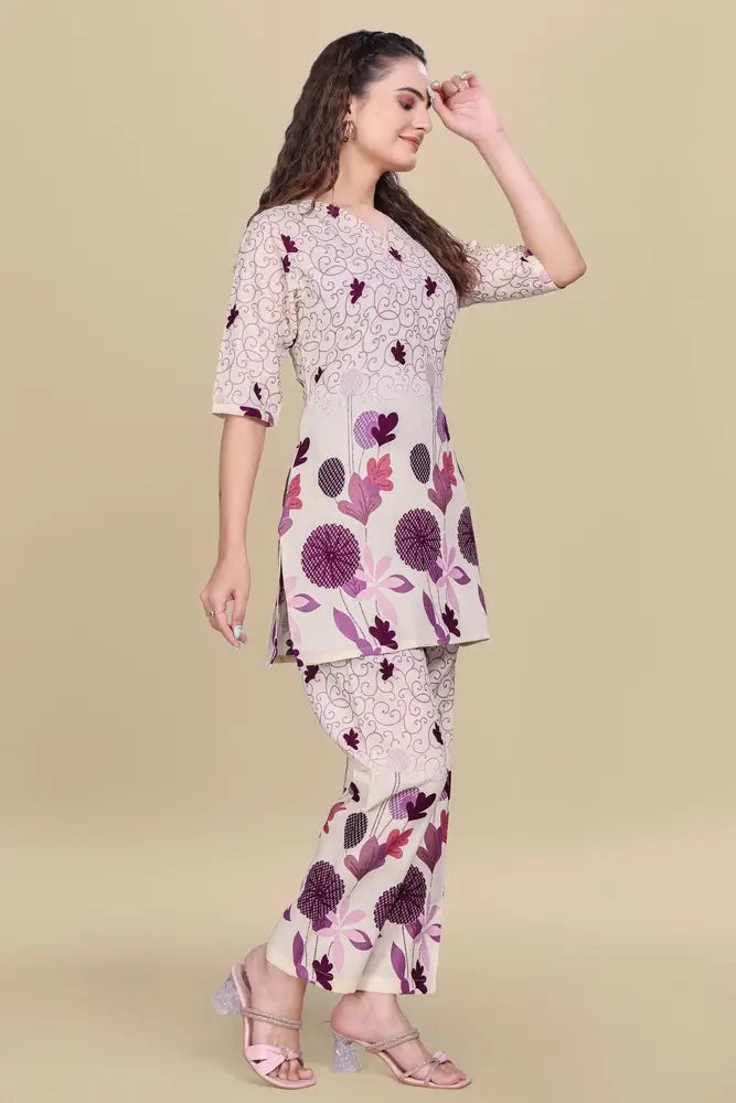 women’s cream floral printed ethnic co ord set | top and pant two piece co ord set for casual and festive wear