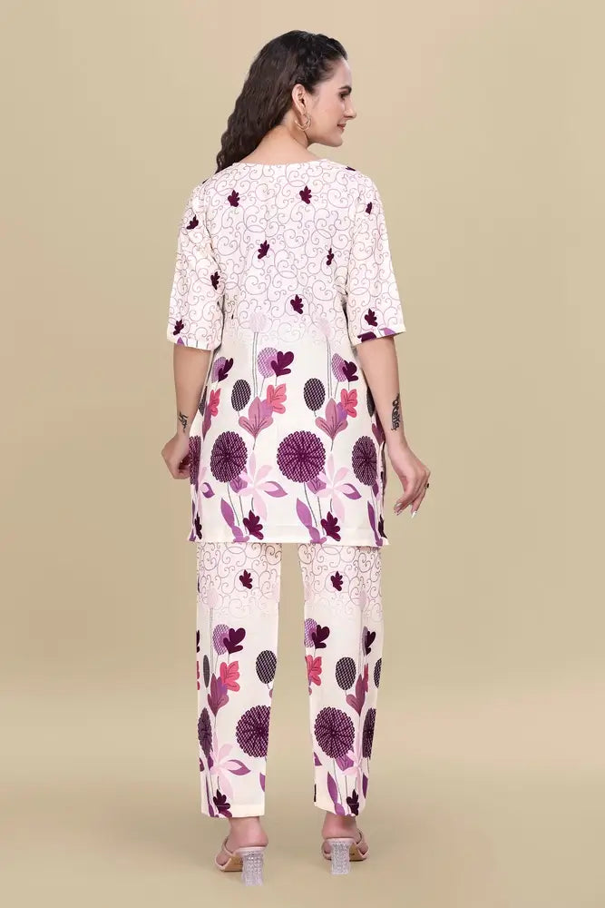 women’s cream floral printed ethnic co ord set | top and pant two piece co ord set for casual and festive wear
