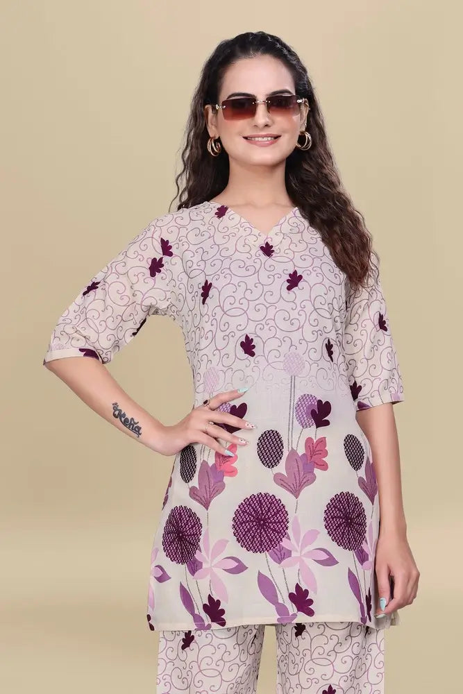 women’s cream floral printed ethnic co ord set | top and pant two piece co ord set for casual and festive wear