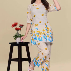 women’s cream floral printed ethnic co ord set | top and pant two piece co ord set for casual and festive wear