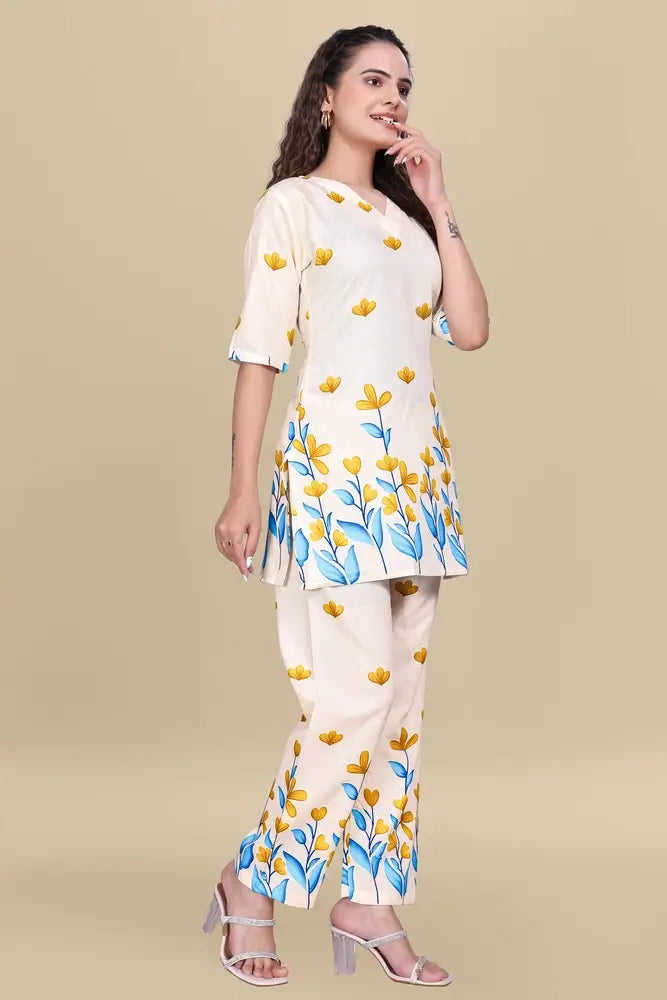 women’s cream floral printed ethnic co ord set | top and pant two piece co ord set for casual and festive wear