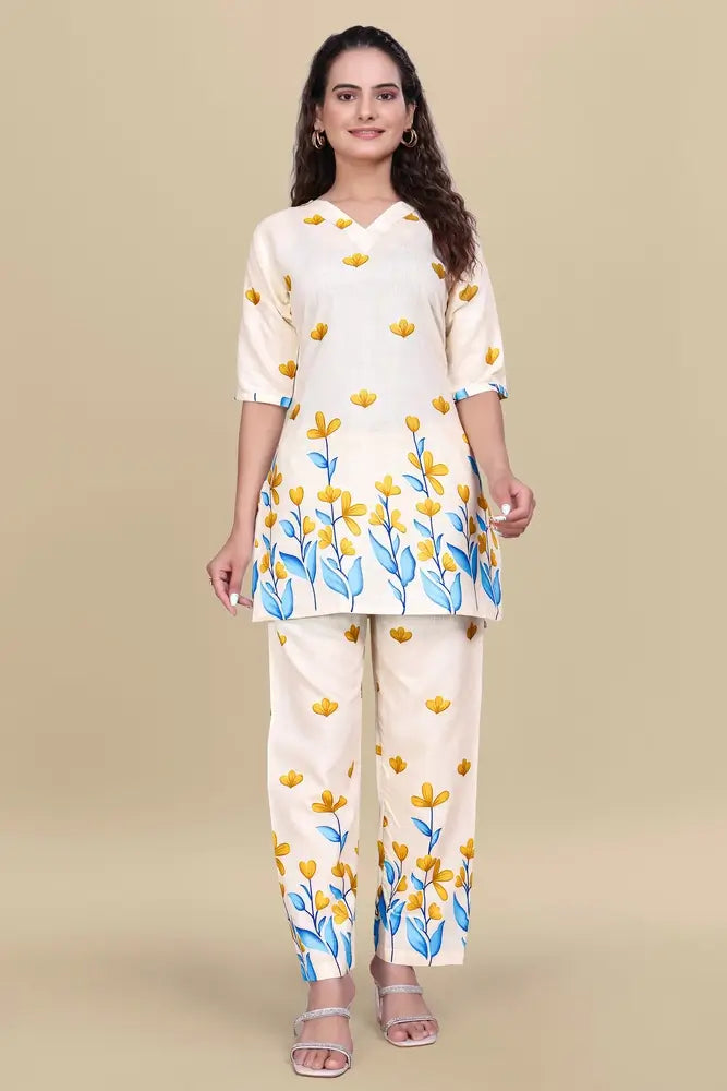women’s cream floral printed ethnic co ord set | top and pant two piece co ord set for casual and festive wear