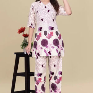 women’s purple floral printed ethnic co ord set | top and pant two piece co ord set for casual and festive wear