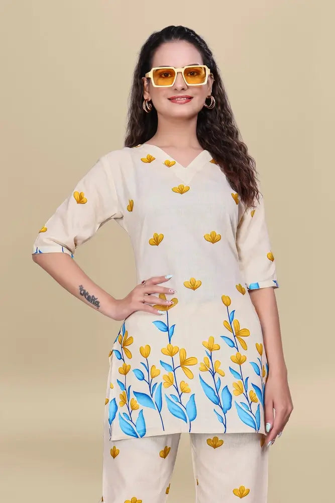 women’s yellow floral printed ethnic co ord set | top and pant two piece co ord set for casual and festive wear