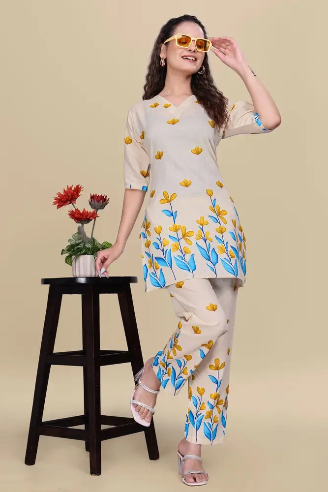 women’s yellow floral printed ethnic co ord set | top and pant two piece co ord set for casual and festive wear