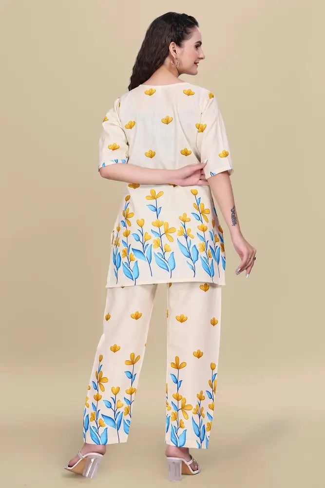 women’s yellow floral printed ethnic co ord set | top and pant two piece co ord set for casual and festive wear