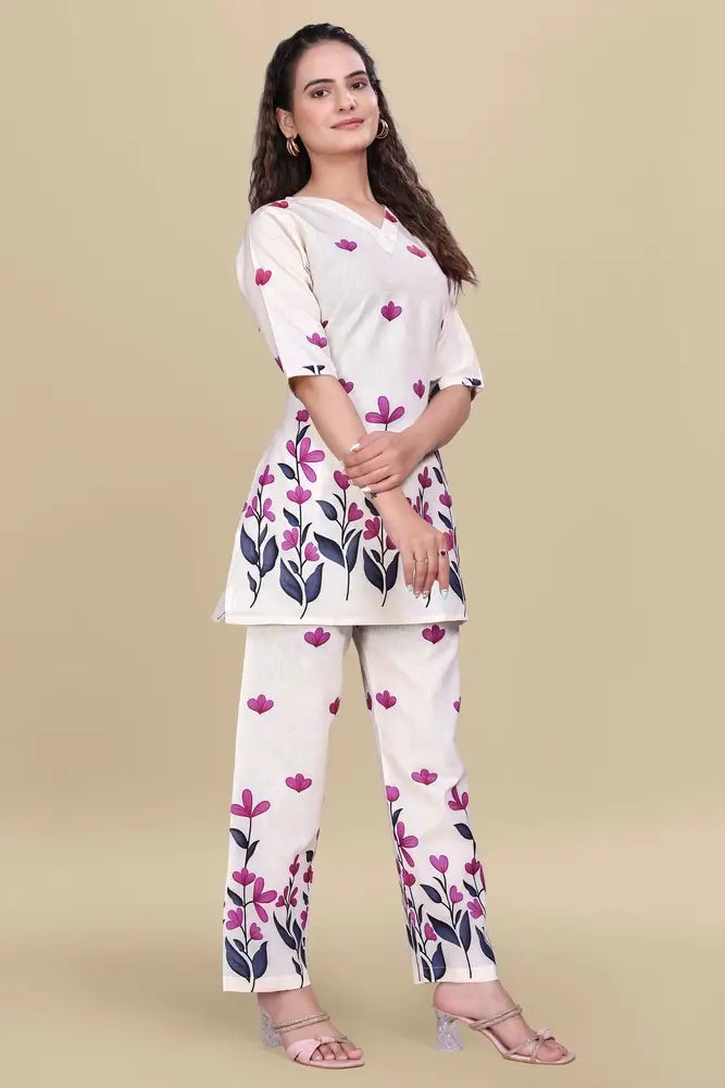women’s pink floral printed ethnic co ord set | top and pant two piece co ord set for casual and festive wear