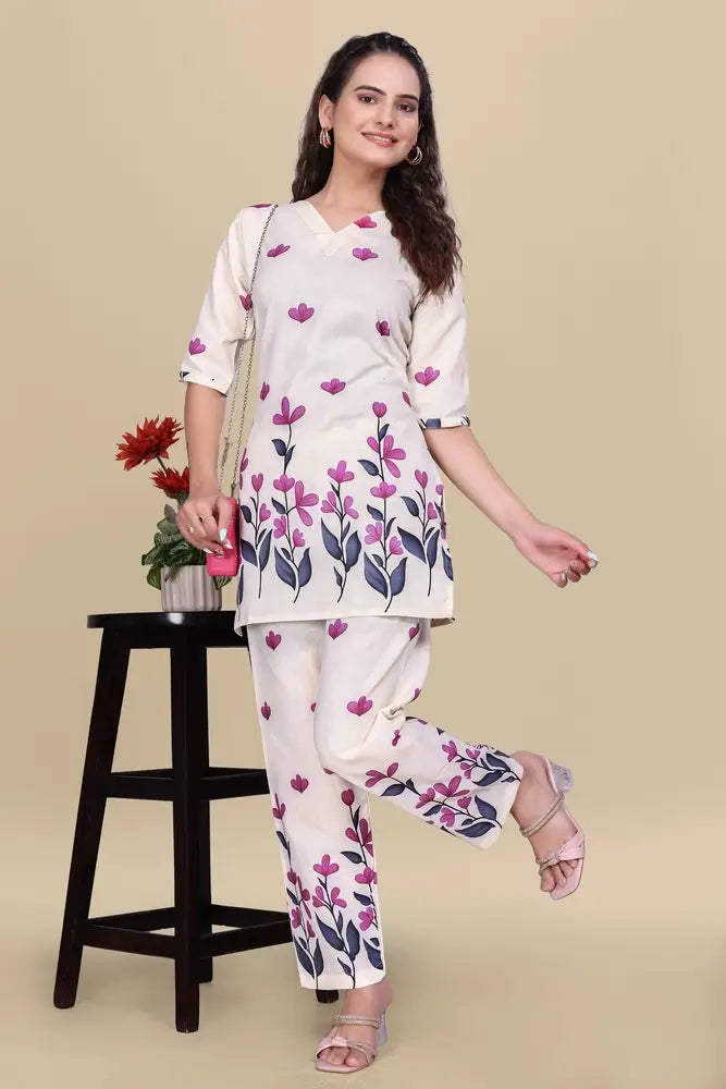women’s pink floral printed ethnic co ord set | top and pant two piece co ord set for casual and festive wear