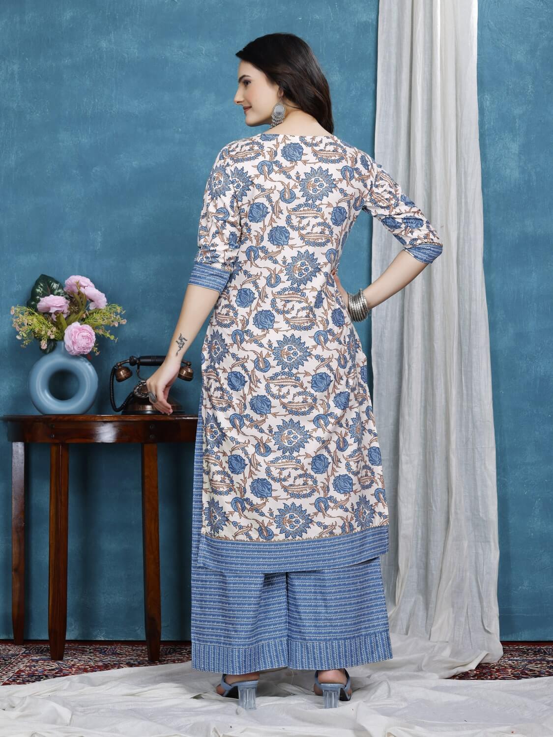 zelzis light blue floral cotton kurta plazzo set for women